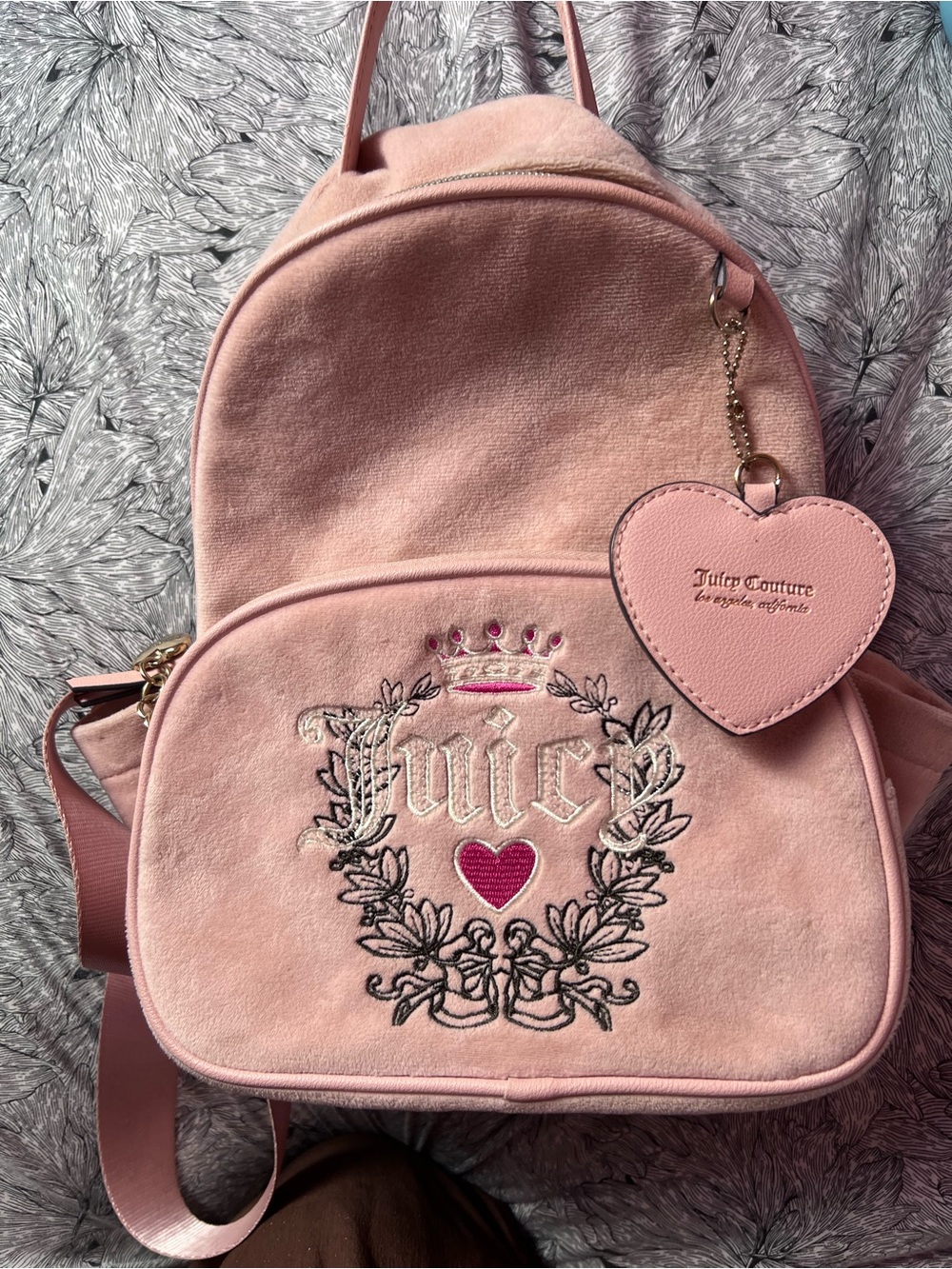 Juicy Couture Blush Pink Velvet Backpack with Heart Charm